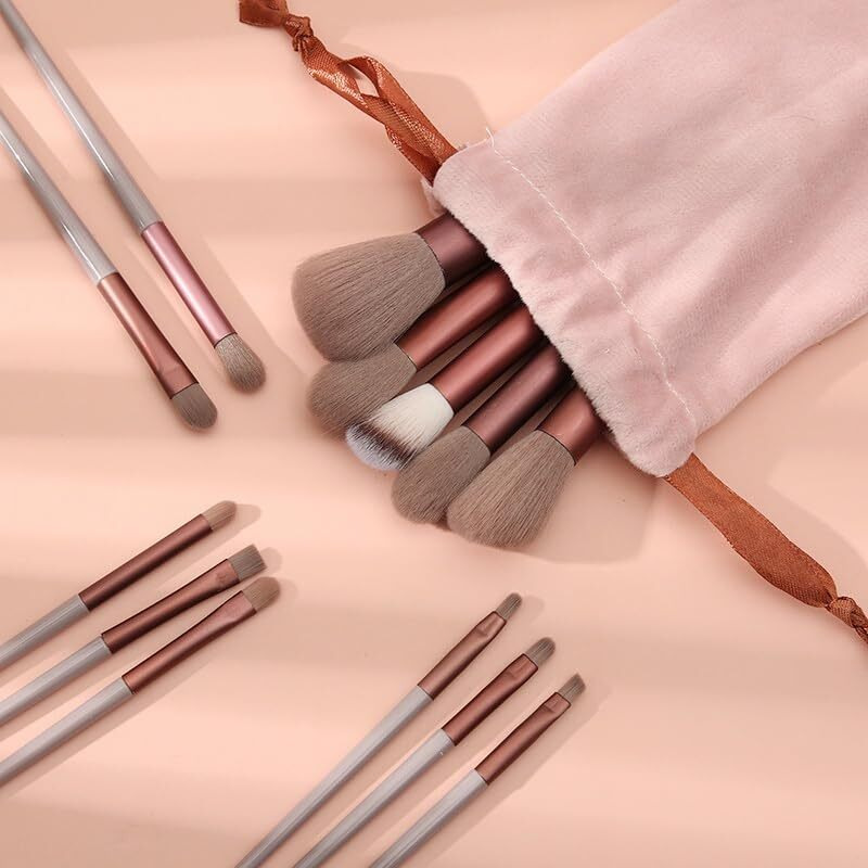 Hudacrush Beauty Premium Synthetic Bristle Professional Face And Eye Makeup Brushes Set With 13 Makeup Brushes | For Cream, Liquid And Powder (Coffee Brown)