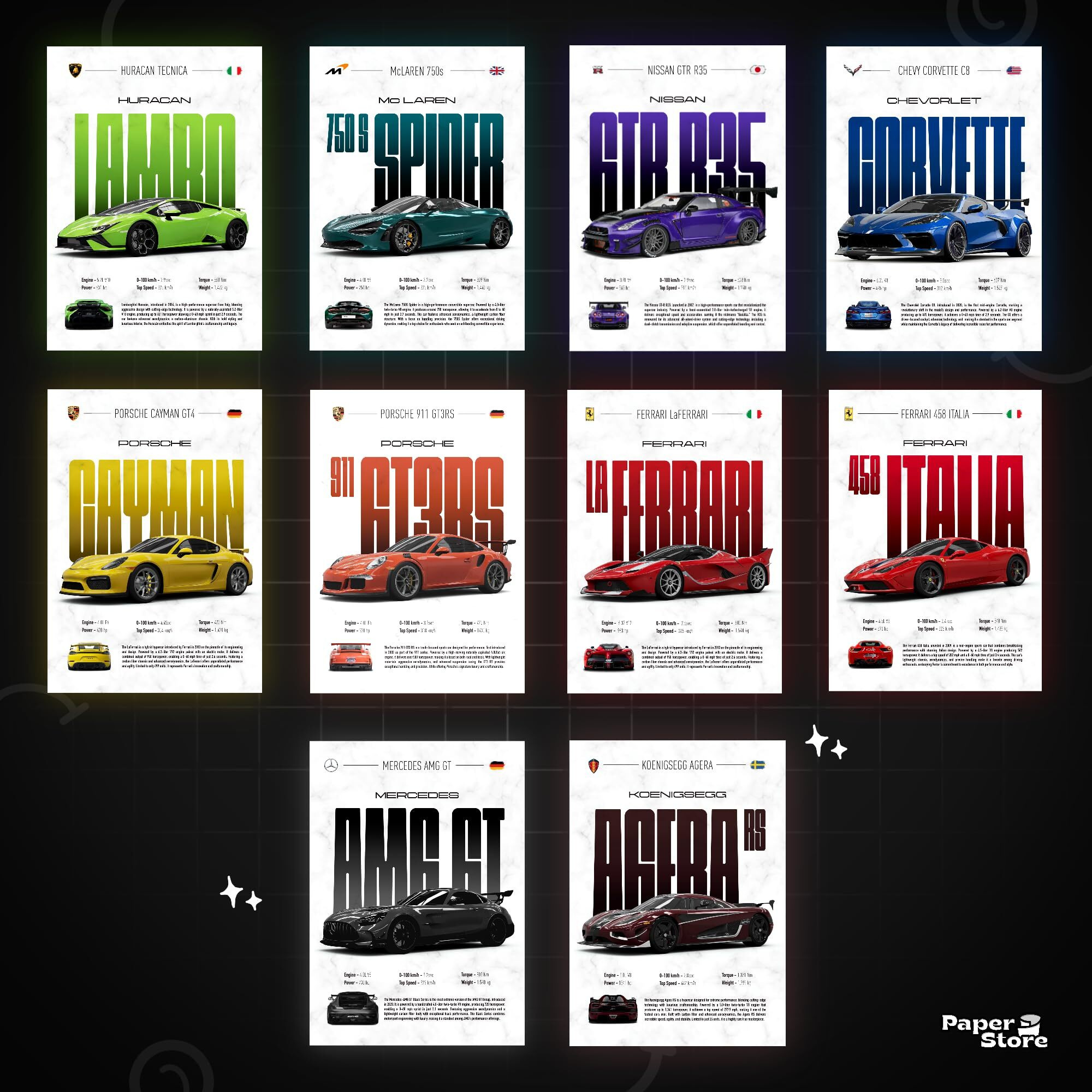 Thepaper9Store Pack Of 10 - Sports Car Posters | Premium 300 Gsm | A4 Size (8.4X12 Inch) Wall Dcor For Bedroom, Living Room, Office | Perfect For Car Lovers | Vibrant Jdm Aesthetic (Sports Car Pack)