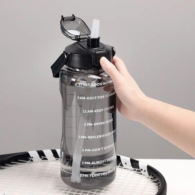 Jebison 2 L Capacity Belt Straw Transparent Motivational Water Bottles|Time Marker Leak Proof&Break-Proof|Best Usage For Office/School/Gym/Travel Bottle|Bpa-Free Fitness Sports Bottle>>> (Black)