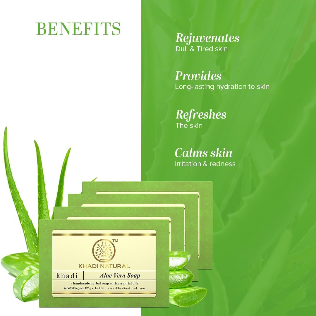 Khadi Natural Aloe Vera Soap | Natural Handmade Soap | Bathing Soap For Healthy Skin |Soap With Essential Oils | Soap For Soft Skin| Suitable For All Skin Types | Pack Of 4 | (125Gm *4) (500Gm)