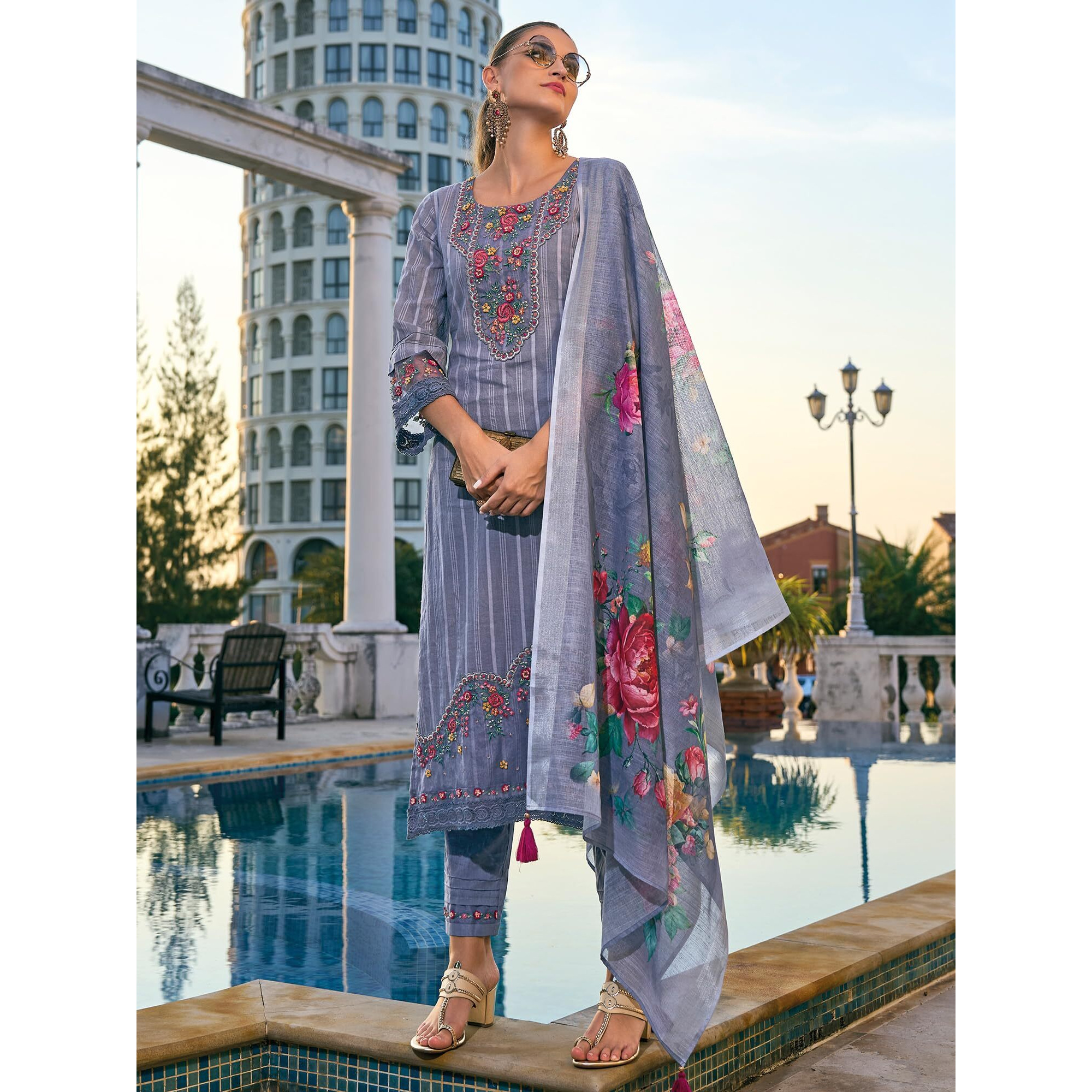 Indo Era Women's Grey Embroidered Straight Kurta & Pant With Dupatta Set (Kh0Gy6231_Medium)