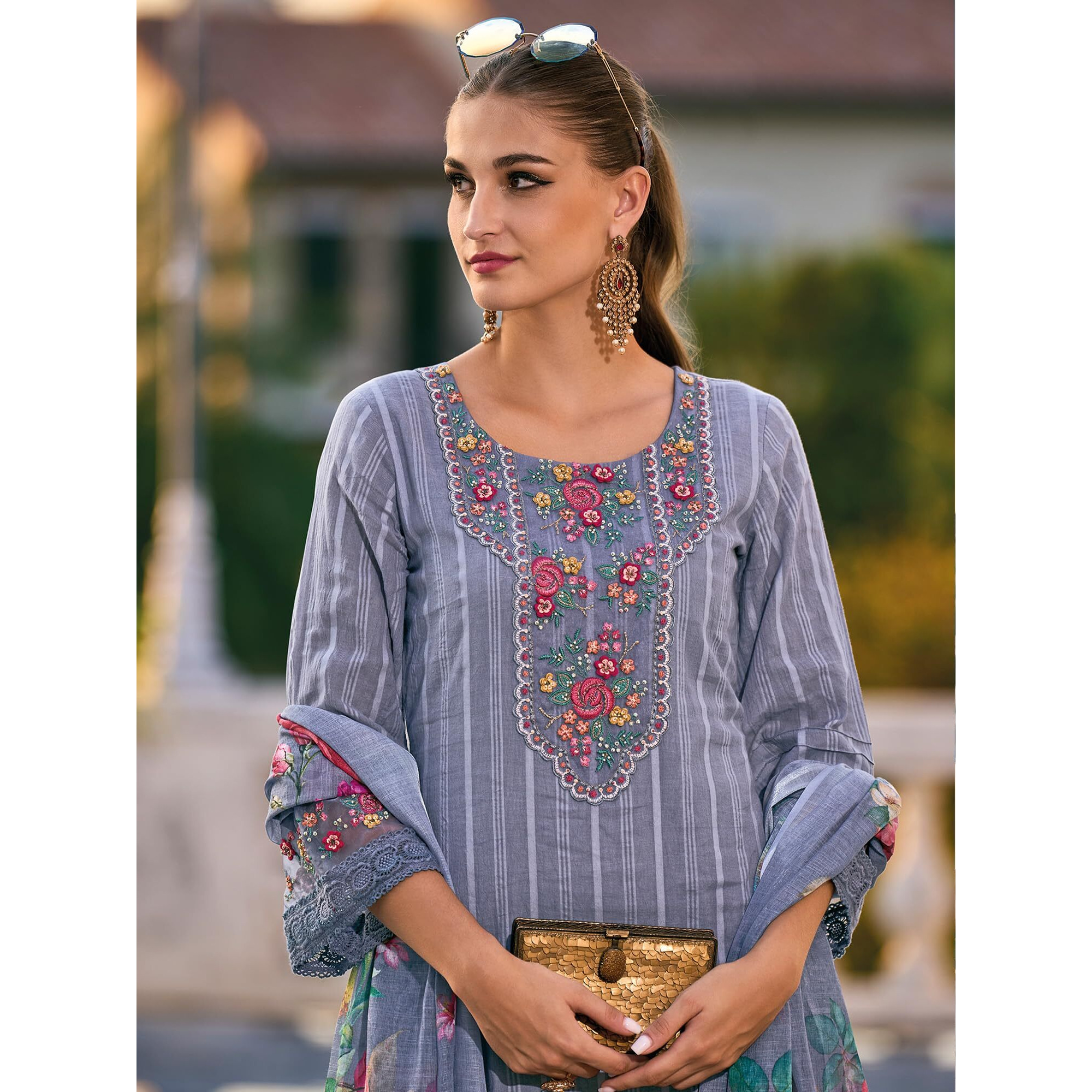 Indo Era Women's Grey Embroidered Straight Kurta & Pant With Dupatta Set (Kh0Gy6231_Medium)