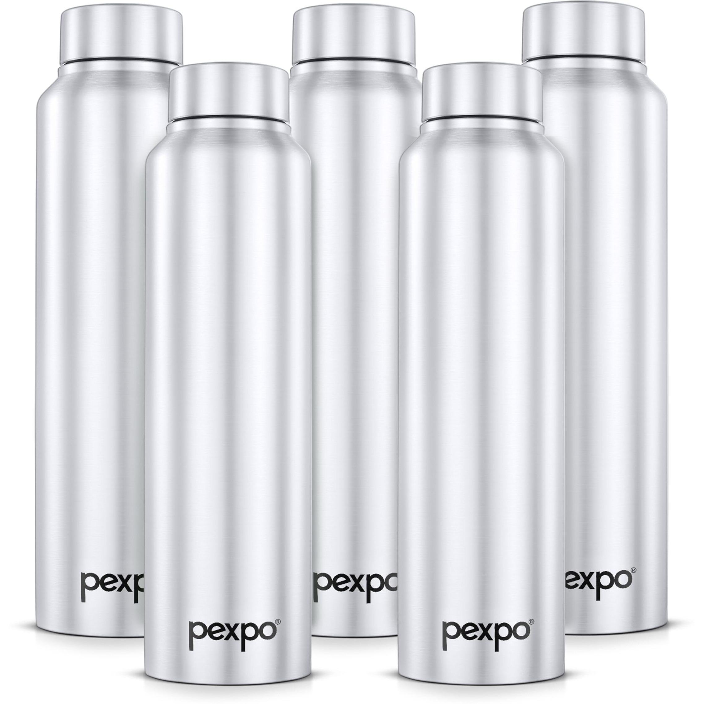 Pexpo Chromo Stainless Steel Sports/Fridge Water Bottle 1 Litre, Silver Pack Of 5 | Eco Friendly | Bpa Free | Water Bottle For Office, Gym, School, Yoga, Trekking, Men, Women And Kids