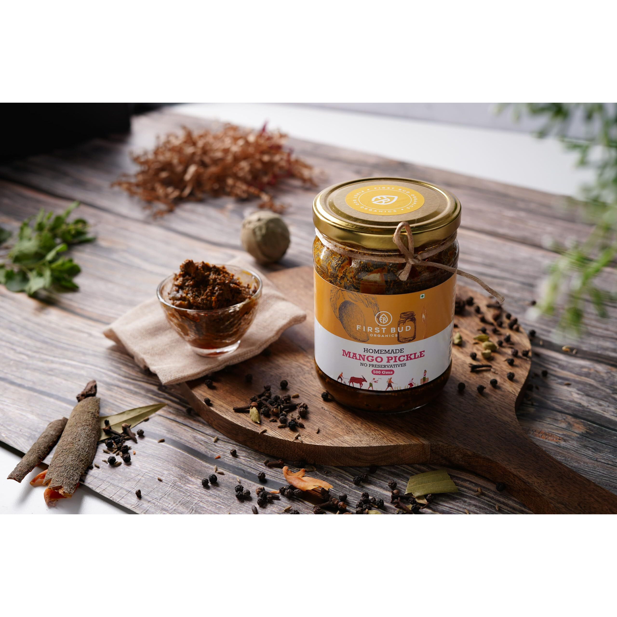 First Bud Organics Homemade Mango Pickle - 250Gm | Authentic Indian Taste & Secret Rajashtani Receipe | Dry & Spicy Mango Pickle | Handmade With Fresh Ingreidents | Perfect For Meals & Snacks