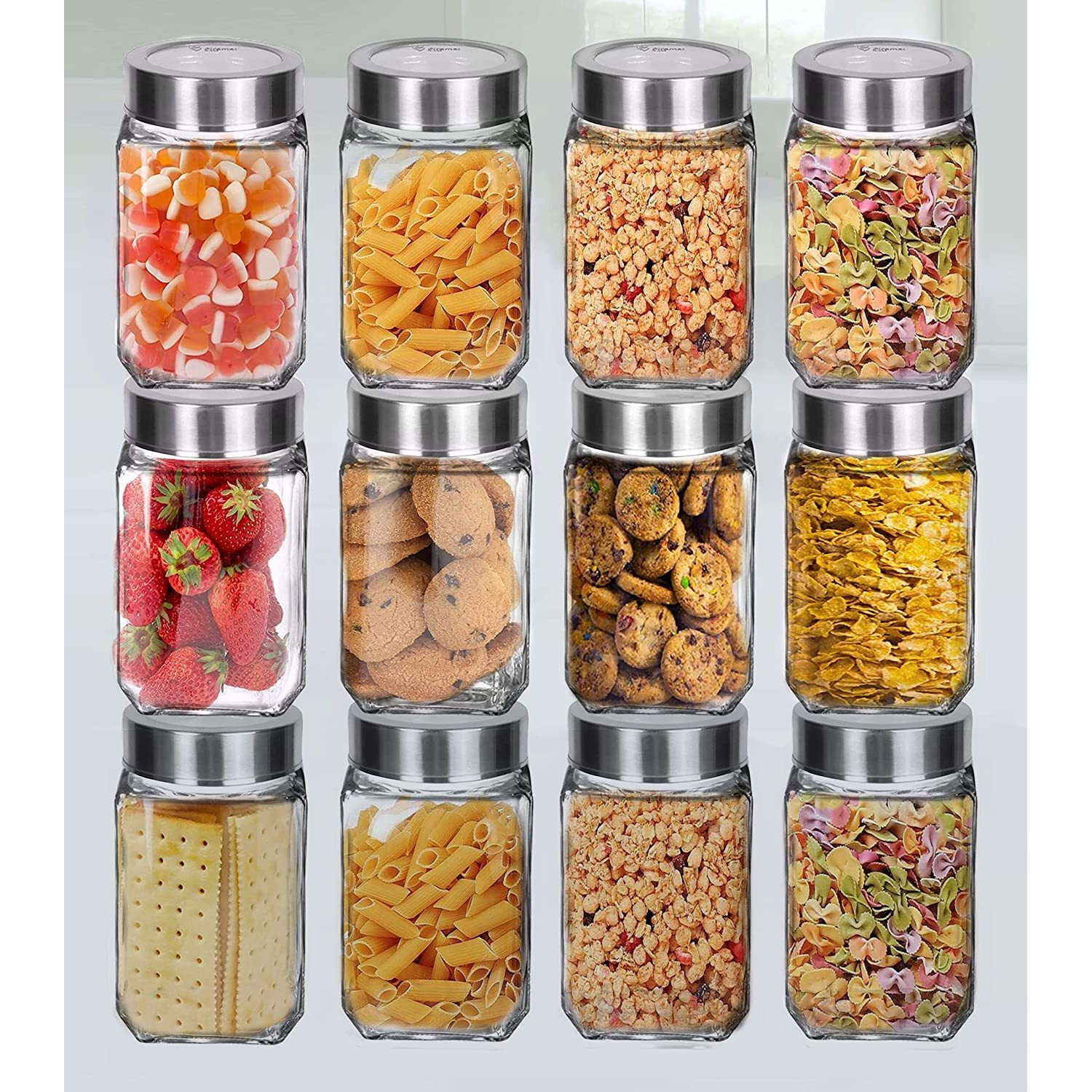 Feelopie Piramal Glass Square Clear Jars & Containers For Kitchen Pantry, Honey, Pickles, Cookies, Dry Fruits, And Coffee Beans Storage With Stainless Steel Lid (Cube Jar,300Ml, Set Of 12)