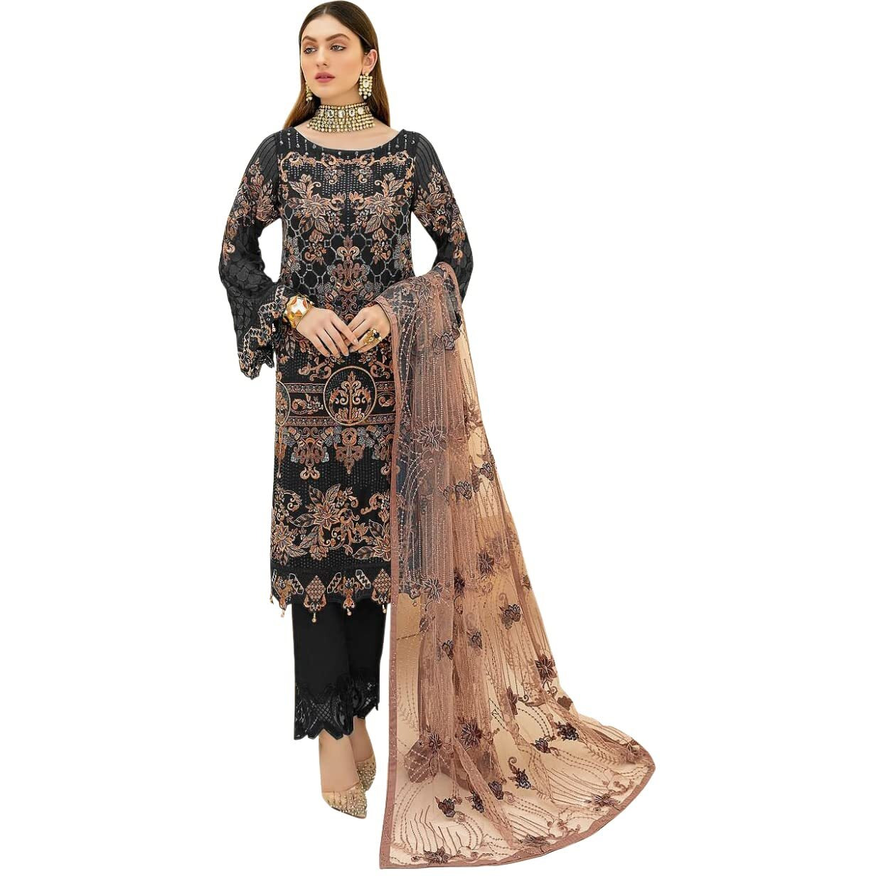 Miss Ethnik Women's Black Faux Georgette Semi Stitched Top With Unstitched Santoon Bottom And Net Dupatta Embroidered Straight Top Dress Material (Pakistani Salwar Suit) (Me-1089-Black)