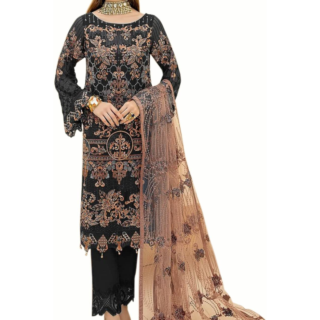 Miss Ethnik Women's Black Faux Georgette Semi Stitched Top With Unstitched Santoon Bottom And Net Dupatta Embroidered Straight Top Dress Material (Pakistani Salwar Suit) (Me-1089-Black)