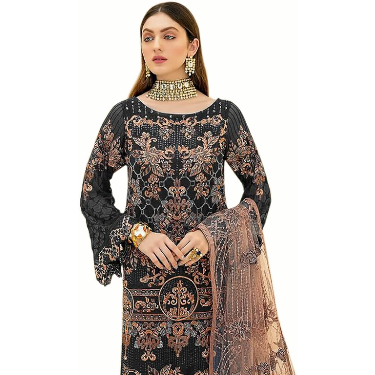 Miss Ethnik Women's Black Faux Georgette Semi Stitched Top With Unstitched Santoon Bottom And Net Dupatta Embroidered Straight Top Dress Material (Pakistani Salwar Suit) (Me-1089-Black)