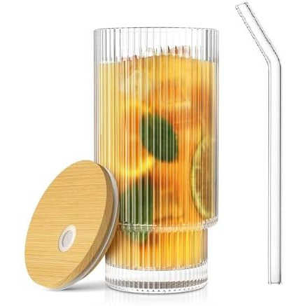 Kikiluxxa Ribbed Drinking Glasses Tumbler Set Of 1 Wooden Lids And Straws -Clear Fluted Textured Vertical Stripe Glass Sipper Iced Coffee Cups For Beer-Cocktail-Beverage (Sodinaro Tumbler 1, 300 Ml)