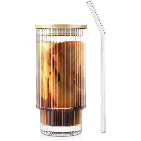 Kikiluxxa Ribbed Drinking Glasses Tumbler Set Of 1 Wooden Lids And Straws -Clear Fluted Textured Vertical Stripe Glass Sipper Iced Coffee Cups For Beer-Cocktail-Beverage (Sodinaro Tumbler 1, 300 Ml)