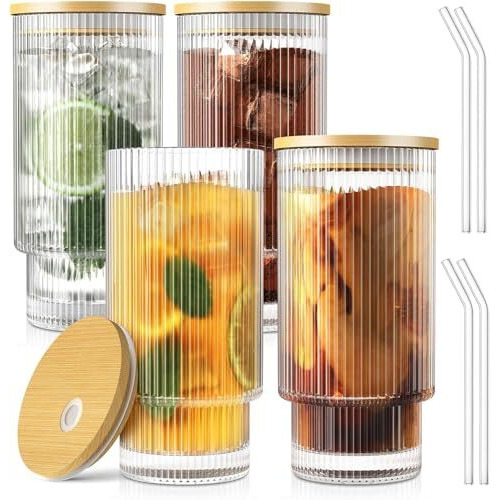 Kikiluxxa Ribbed Drinking Glasses Tumbler Set Of 1 Wooden Lids And Straws -Clear Fluted Textured Vertical Stripe Glass Sipper Iced Coffee Cups For Beer-Cocktail-Beverage (Sodinaro Tumbler 1, 300 Ml)