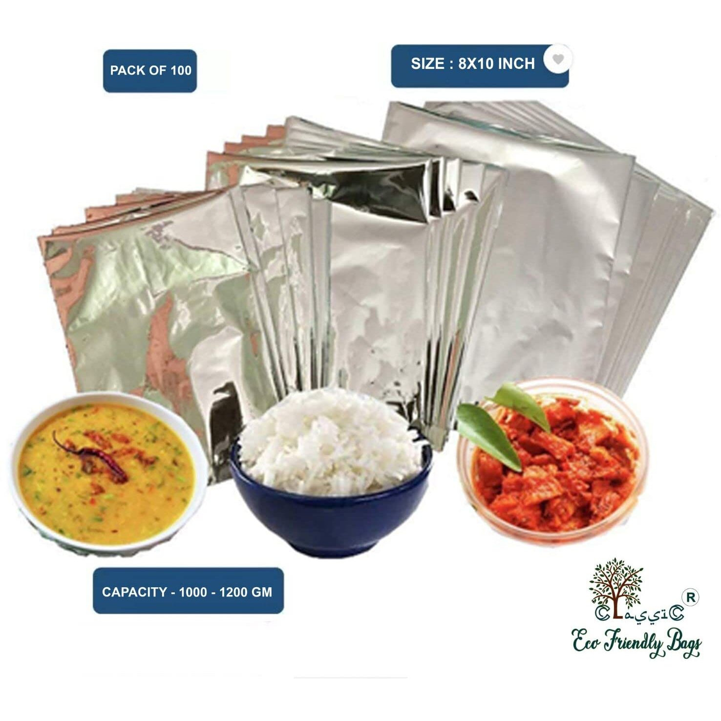 Classic Eco Friendly Bags Hot N Fresh- Aluminium Silver Foil Plastic Pouches Bags For Multipurpose Zip-Lock For Tea, Coffee, Food Packaging Metalized Hot/Dry Food Parcel Bags, Pack Of 100 (8X10)