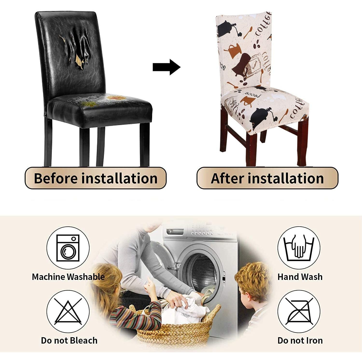 Styleys Polyester Stretchable Washable Elastic Chair Seat Case Protector, Slipcover Dining Chair Covers (Set Of 8, Sd05, Coffee Cup Print)