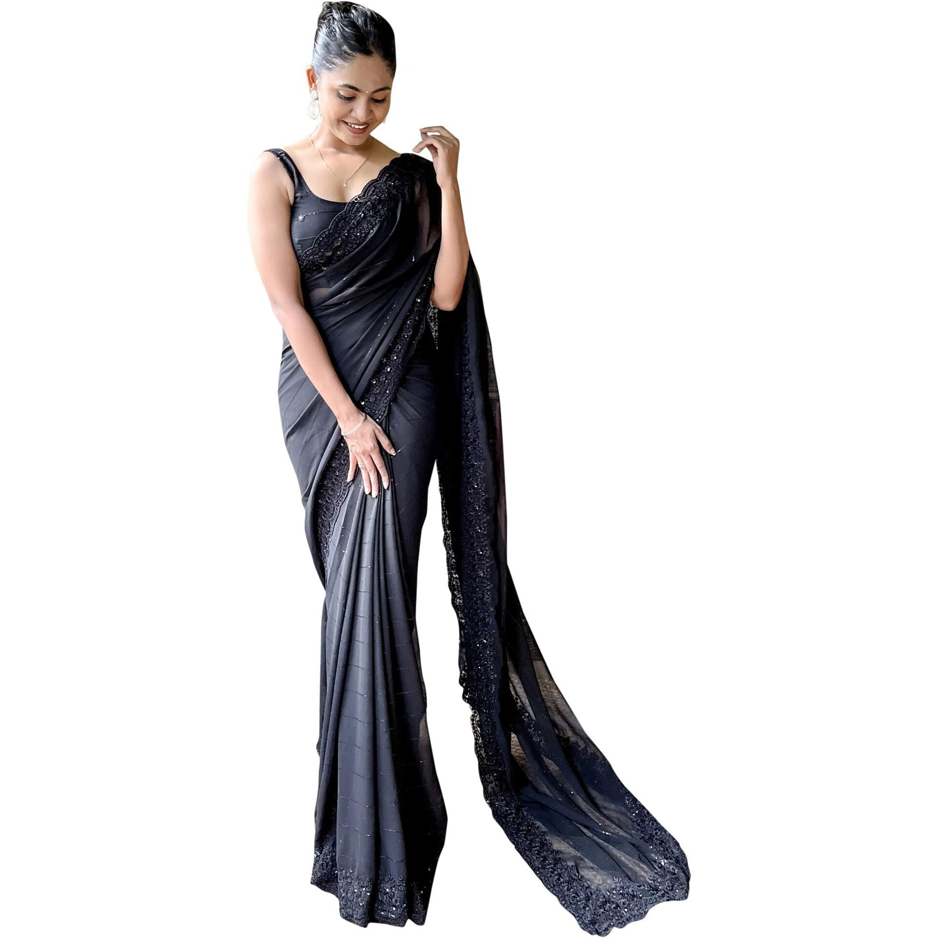 Akhilam Women's Georgette Embellished Embroidered Saree With Unstitched Blouse Piece