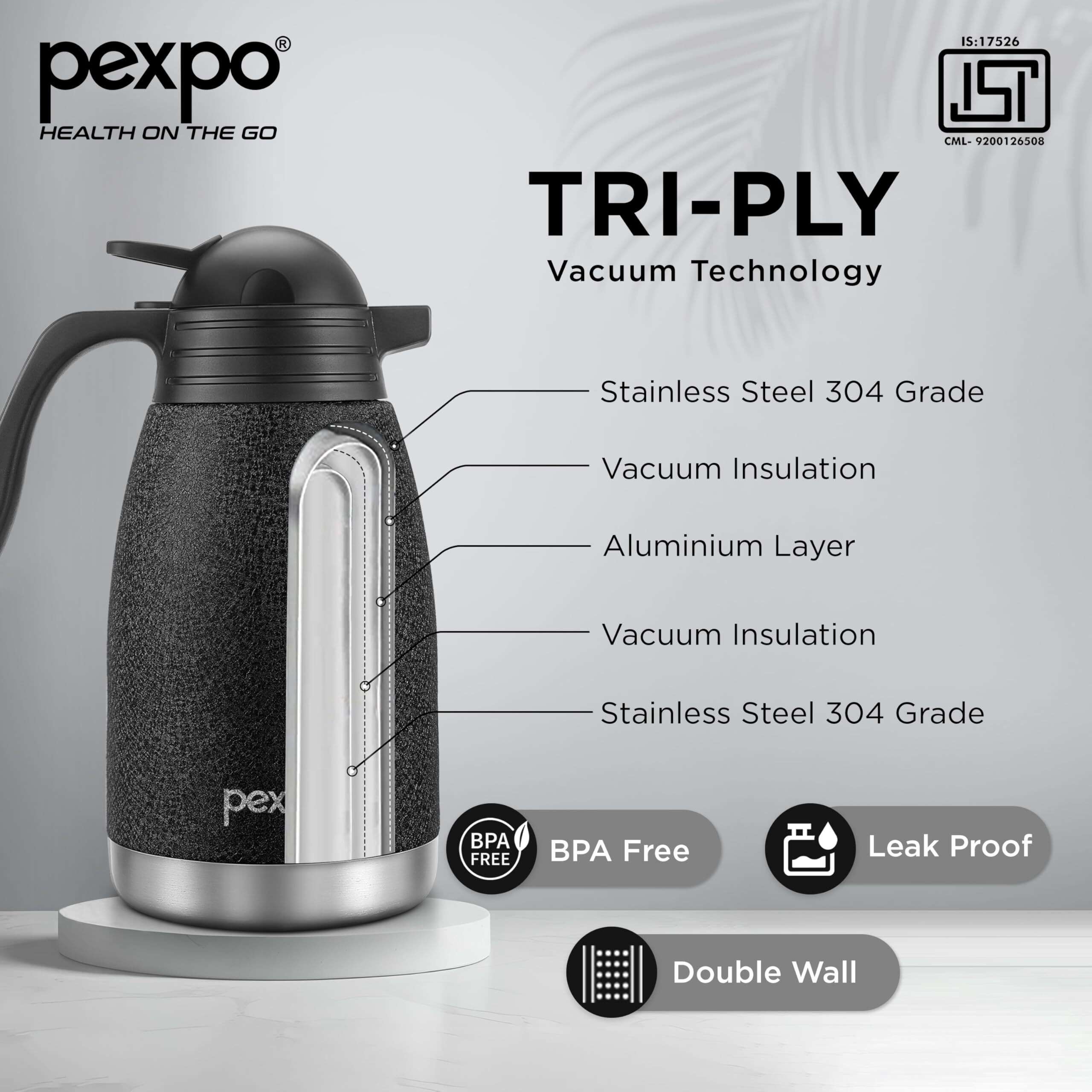 Pexpo Cosmo Stainless Steel Thermal Carafe |1500Ml,Black | Double Walled Vacuum Insualted With Lid - Coffee/Tea Carafe Heat & Cold Retention