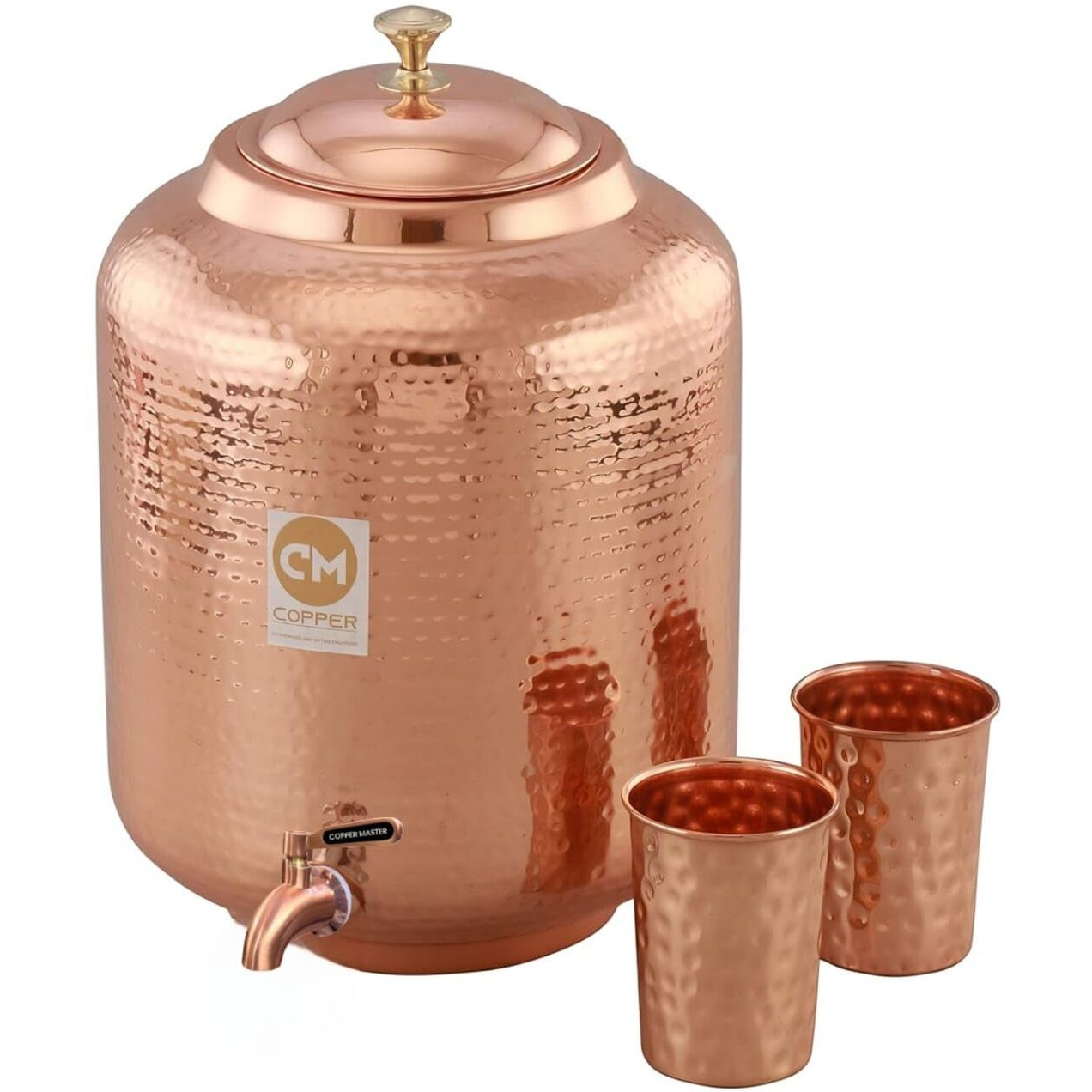 Copper-Master 18 Litre Hammered Copper Water Dispenser (Matka) Container Pot With 2 Copper Glasses Pure Copper And Ayurvedic Health Benefits (18000 Ml + 600 Ml)