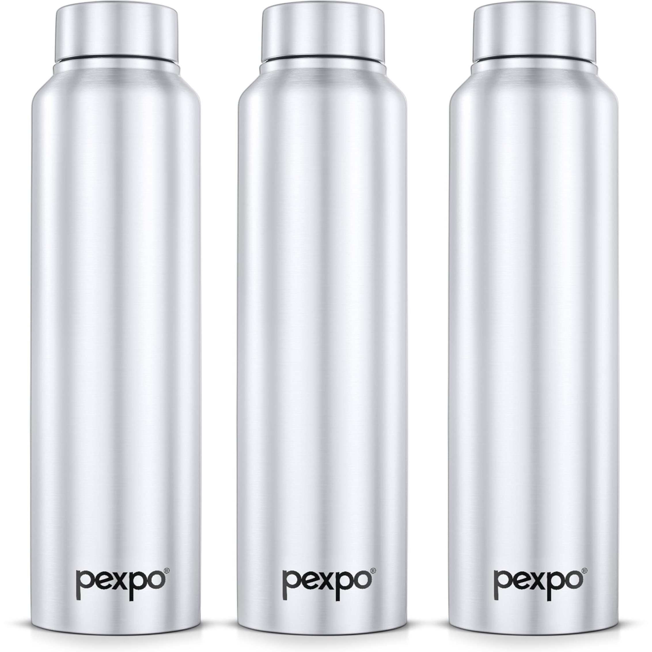 Pexpo Chromo Stainless Steel Sports/Fridge Water Bottle 1 Litre, Silver Pack Of 3 | Eco Friendly | Bpa Free | Water Bottle For Office, Gym, School, Yoga, Trekking, Men, Women And Kids