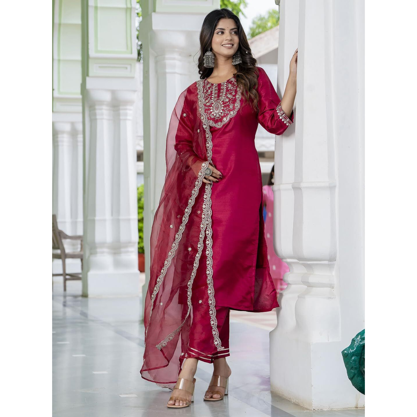 Vredevogel Kurta Set With Dupatta | Embroidered Silk Blend Straight Kurta Pant Set For Women | Women's Ethnic Casual Kurti Set (Cherry_Small)