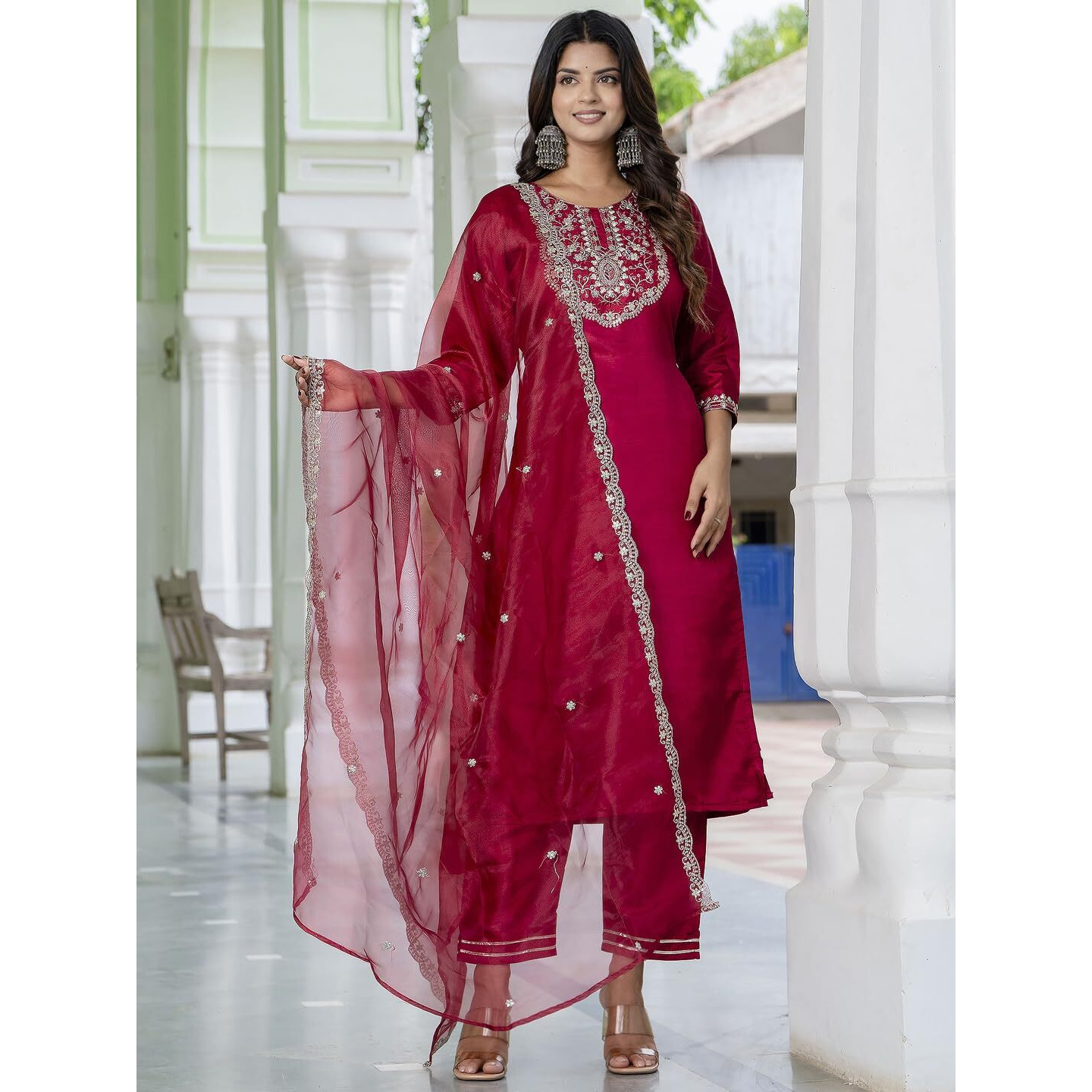 Vredevogel Kurta Set With Dupatta | Embroidered Silk Blend Straight Kurta Pant Set For Women | Women's Ethnic Casual Kurti Set (Cherry_Small)