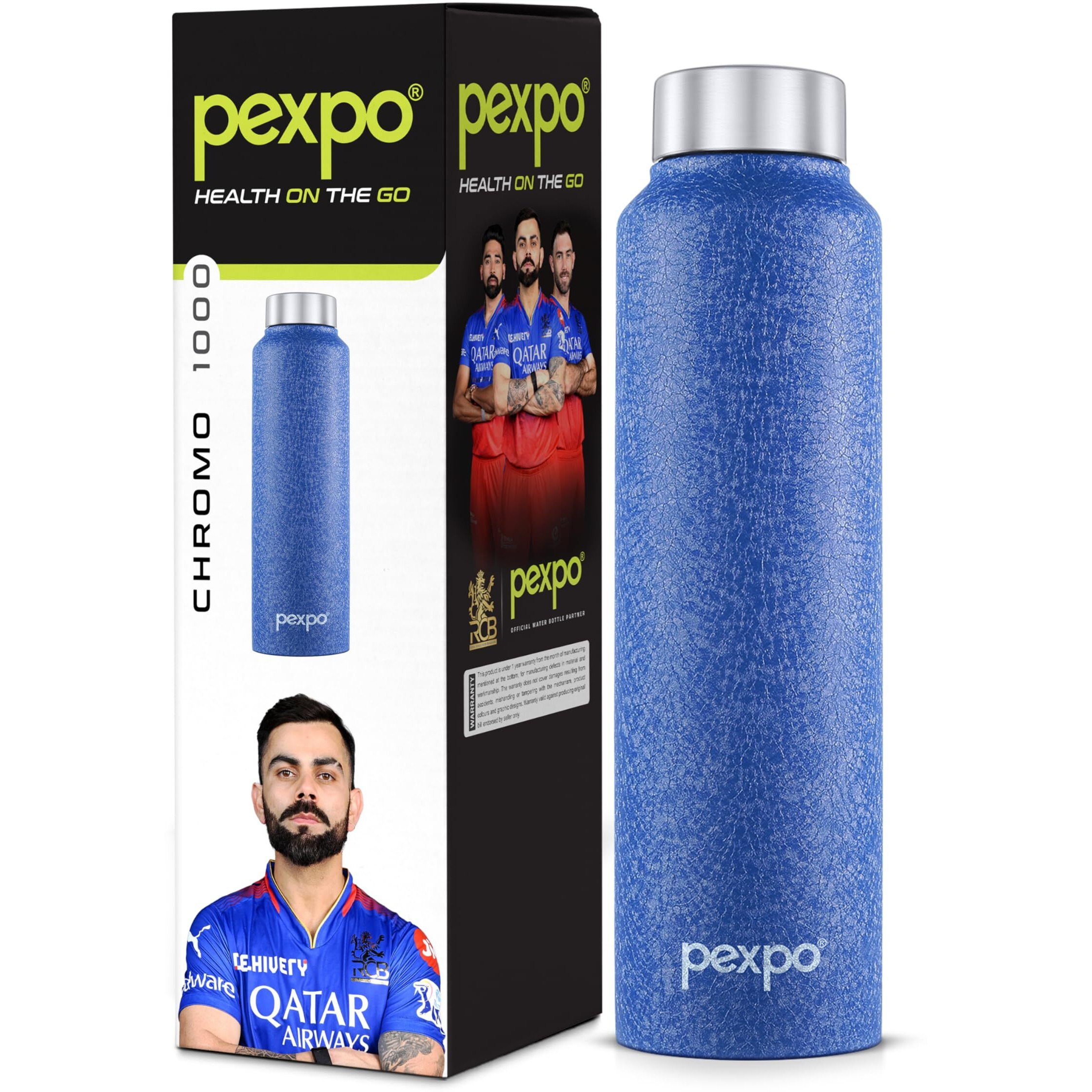 Pexpo Chromo Stainless Steel Sports/Fridge Water Bottle 1 Litre, Denim Blue Pack Of 5 | Eco Friendly | Bpa Free | Water Bottle For Office, Gym, School, Yoga, Trekking, Men, Women And Kids