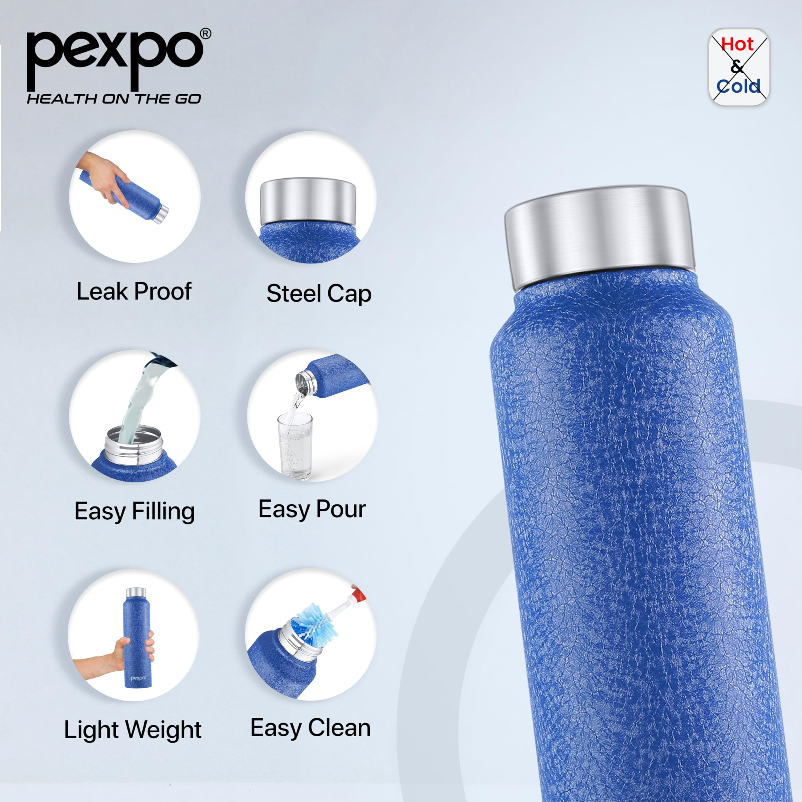 Pexpo Chromo Stainless Steel Sports/Fridge Water Bottle 1 Litre, Denim Blue Pack Of 5 | Eco Friendly | Bpa Free | Water Bottle For Office, Gym, School, Yoga, Trekking, Men, Women And Kids