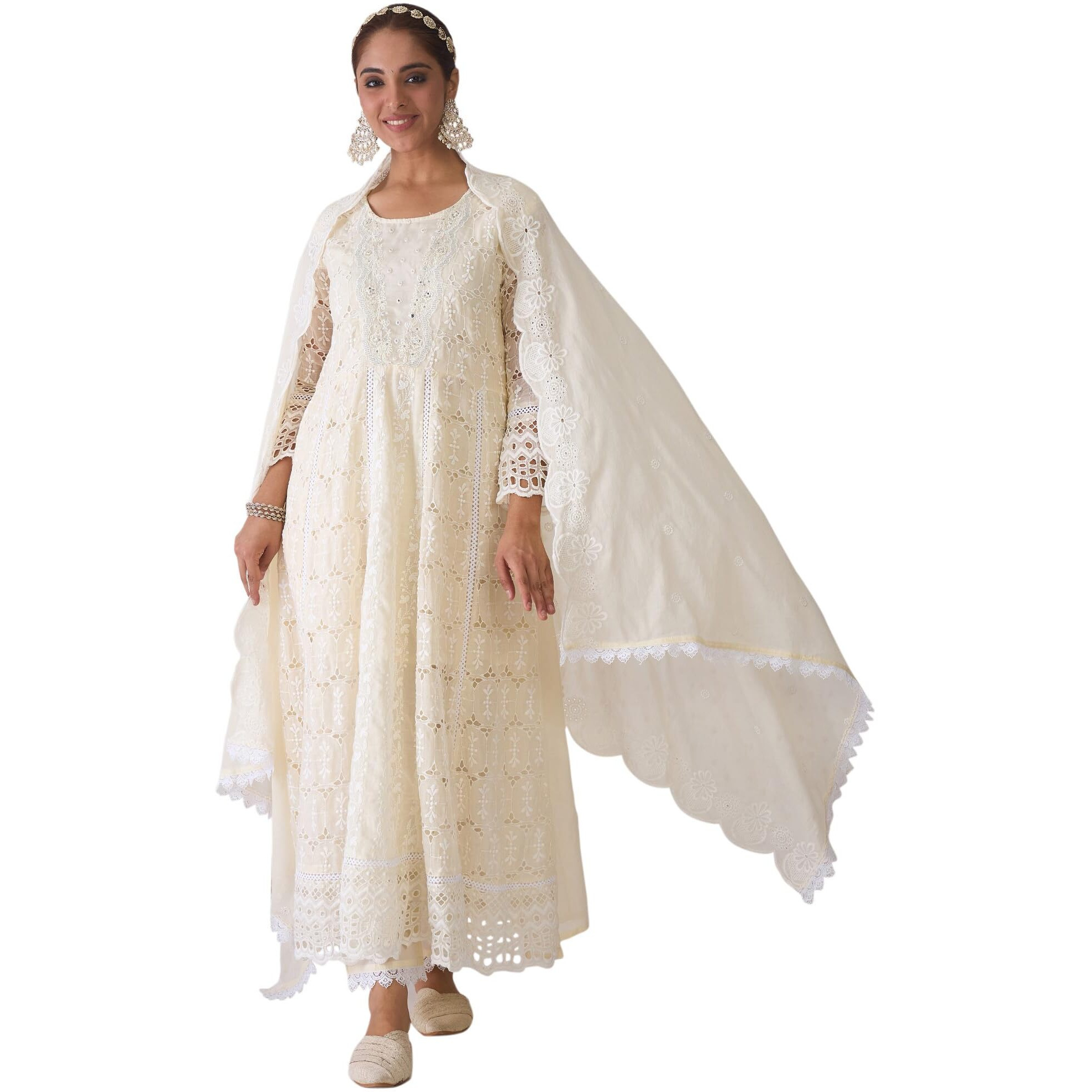 Indo Era Women's Embroidered Pure Cotton Kurta And Pant With Dupatta Set (Kh0Ow6066_Small), Off White