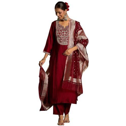 Indo Era Women's Liva Embroidered Straight Kurta & Pant With Dupatta Set (Iestr6409_Medium) Maroon