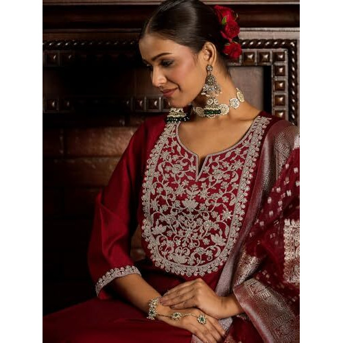 Indo Era Women's Liva Embroidered Straight Kurta & Pant With Dupatta Set (Iestr6409_Medium) Maroon