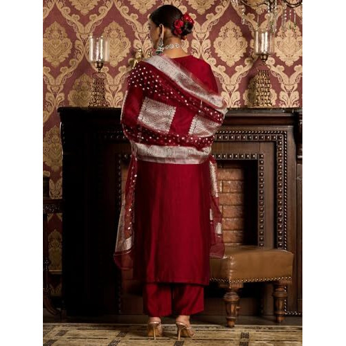 Indo Era Women's Liva Embroidered Straight Kurta & Pant With Dupatta Set (Iestr6409_Medium) Maroon