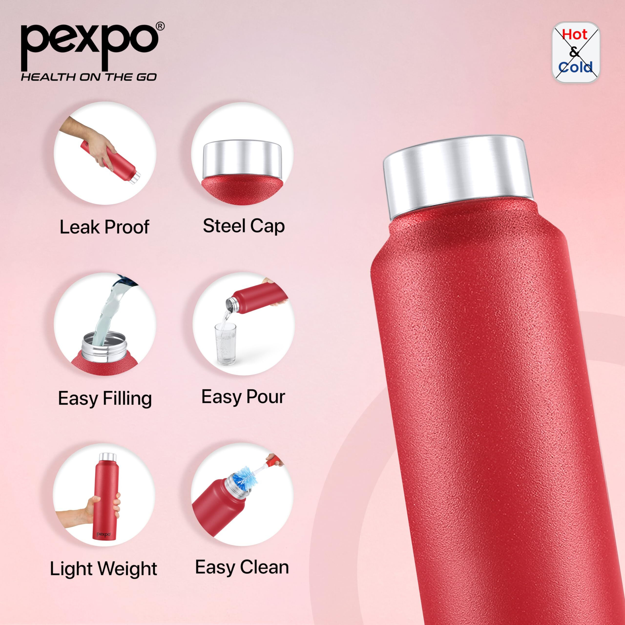 Pexpo Chromo Stainless Steel Sports/Fridge Water Bottle 1 Litre, Crimson Red Pack Of 3 | Eco Friendly | Bpa Free | Water Bottle For Office, Gym, School, Yoga, Trekking, Men, Women And Kids