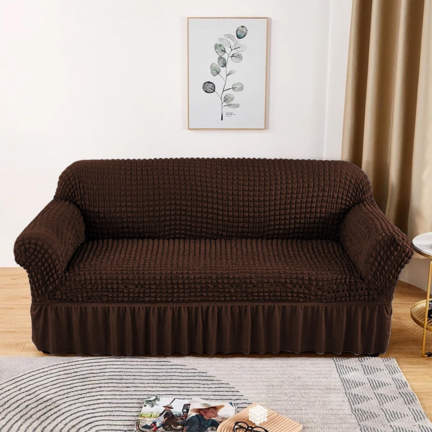 Lukzer 320 Gsm Stretchable 3 Seater Turkish Sofa Cover Universal Couch Protector Bubble Fabric With Frill Universal Big Elasticity Slipcover (Coffee Brown/Sc-097-03/210-260Cm)