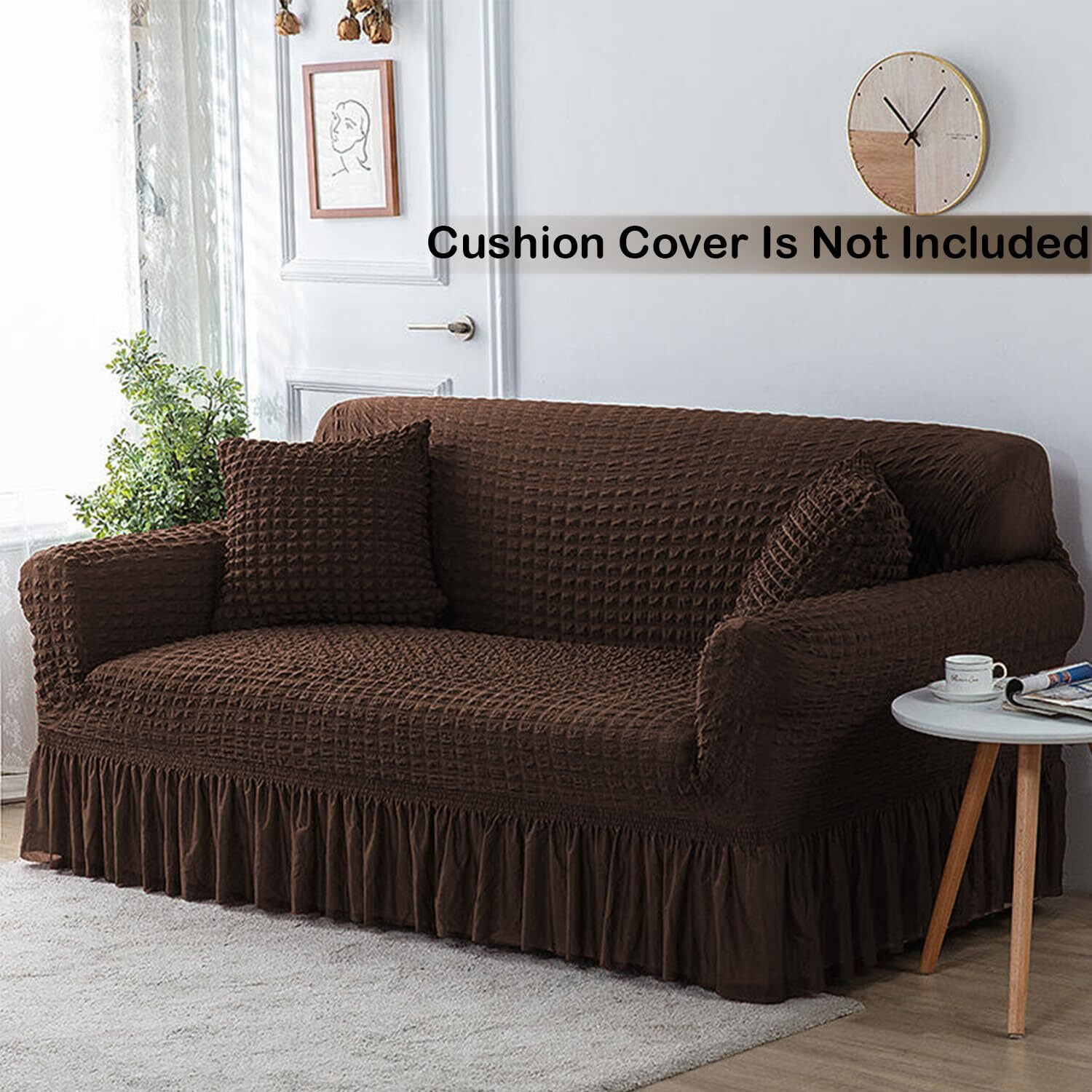 Lukzer 320 Gsm Stretchable 3 Seater Turkish Sofa Cover Universal Couch Protector Bubble Fabric With Frill Universal Big Elasticity Slipcover (Coffee Brown/Sc-097-03/210-260Cm)