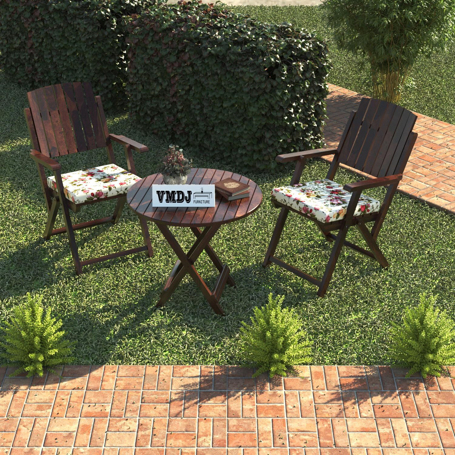 Vmdj Furniture Sheesham Wooden Portable Foldable 2 Seater Chair With Table Set Outdoor Balcony Garden Coffee Table Set Furniture With 1 Table And 2 Chairs Set (Walnut)