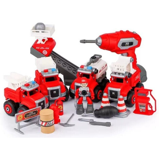 Alokik Enterprise Fire Trucks Toy Playset, Diy Assembly Fire Engine Truck, Rescue Ladder Vehicles Toys Ren With Screwdriver And Drill Machine, Educational Gift For Kids Toddlers Boys Girls Child