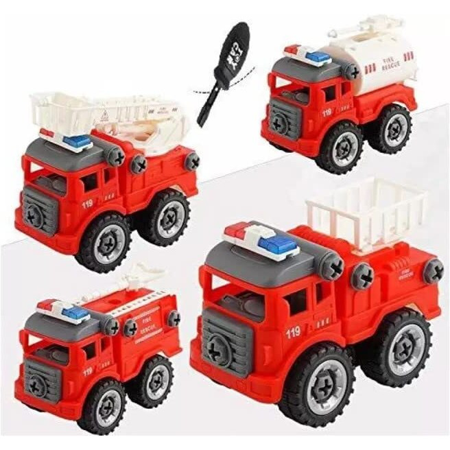 Alokik Enterprise Fire Trucks Toy Playset, Diy Assembly Fire Engine Truck, Rescue Ladder Vehicles Toys Ren With Screwdriver And Drill Machine, Educational Gift For Kids Toddlers Boys Girls Child