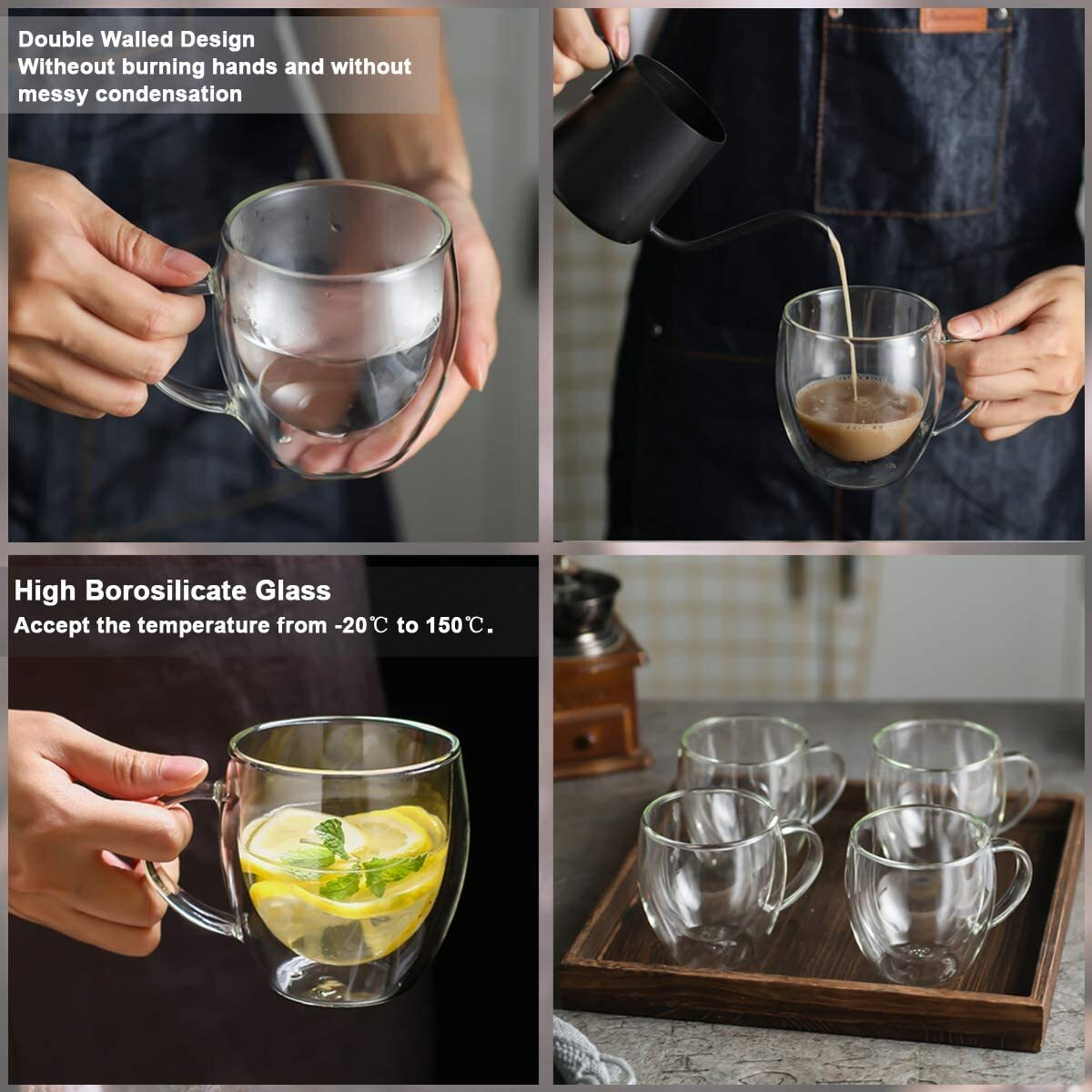 Zroy Enterprise Double Wall Insulated Glass Coffee Mugs With Handle 250 Ml Set Of 4, Everyday Drinking Tea Cups Perfect For Latte, Espresso, Cappuccinos, Tea Bag, Hot & Cold Beverage (250 Ml Cups, 4)