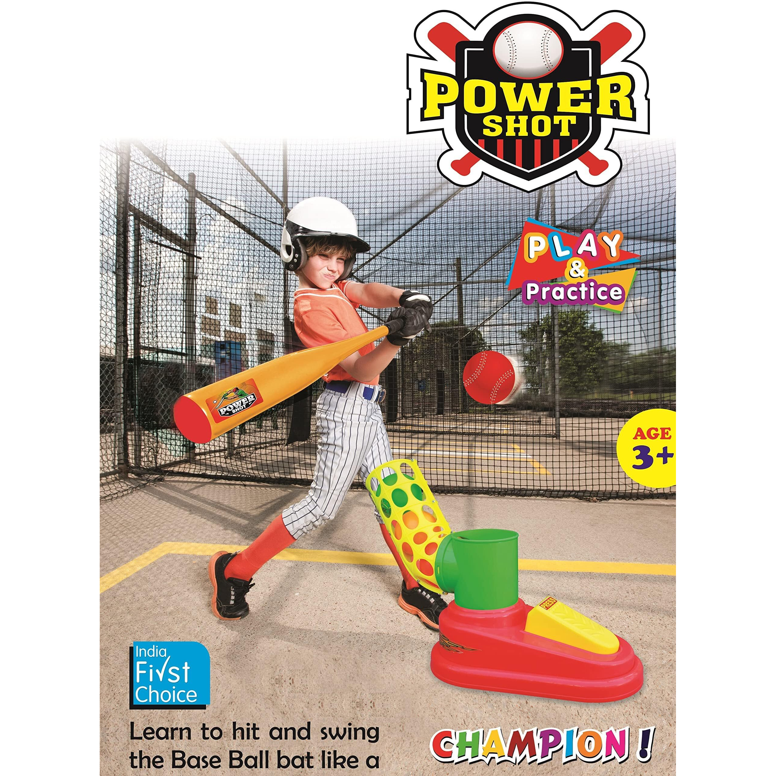 Goyal's Goyals Automatic Plastic Pitcher Power Shot Base Ball Game Unbreakable Includes 1 Bat 3 Balls For Age 3 Years & Above - Red & Yellow