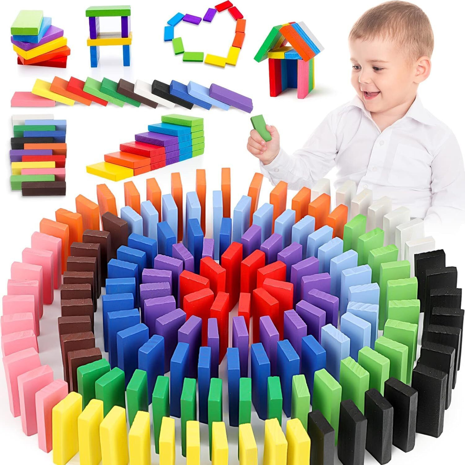Shinetoy Entertain Kids Shinetoy 120 Pcs Colorful Wooden Domino Blocks Set Domino Tile Bulk Building Racing Stacking Games Educational Toys For Kids Birthday Party Favor