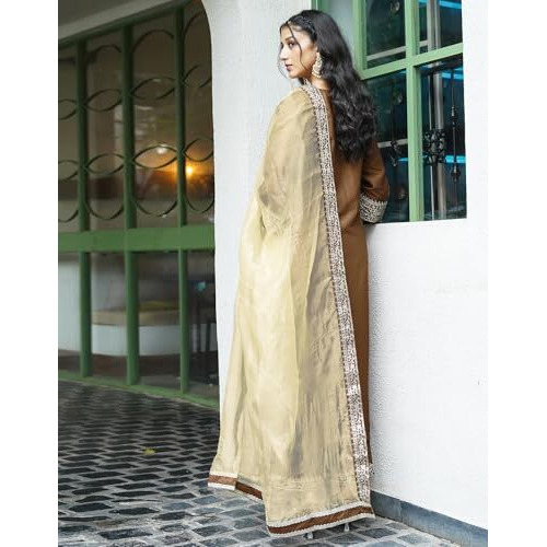 Siril Women's Silk Embroidered Straight Kurta Pant With Dupatta Set (104Kbd1138-S_Mustard Brown)