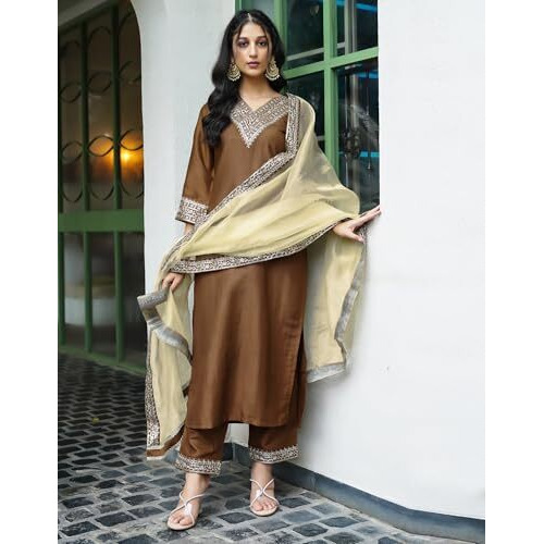 Siril Women's Silk Embroidered Straight Kurta Pant With Dupatta Set (104Kbd1138-S_Mustard Brown)