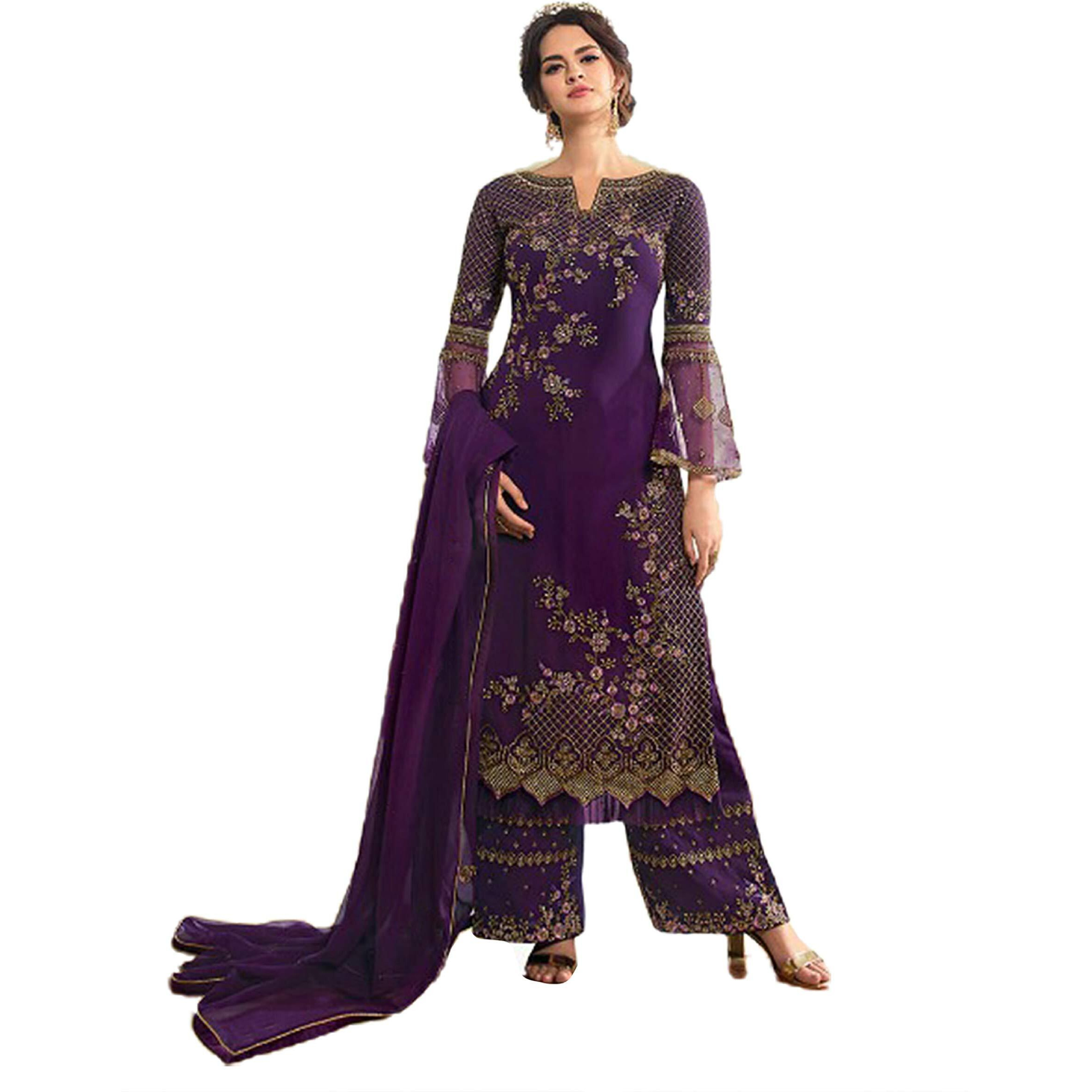 Miss Ethnik Women's Pakistani Suit Off-White Faux Georgette Semi Stitched Top With Unstitched Santoon Bottom And Net Dupatta Embroidered Straight Kurta Pant With Dupatta Set (Me-P-1038) (Purple)