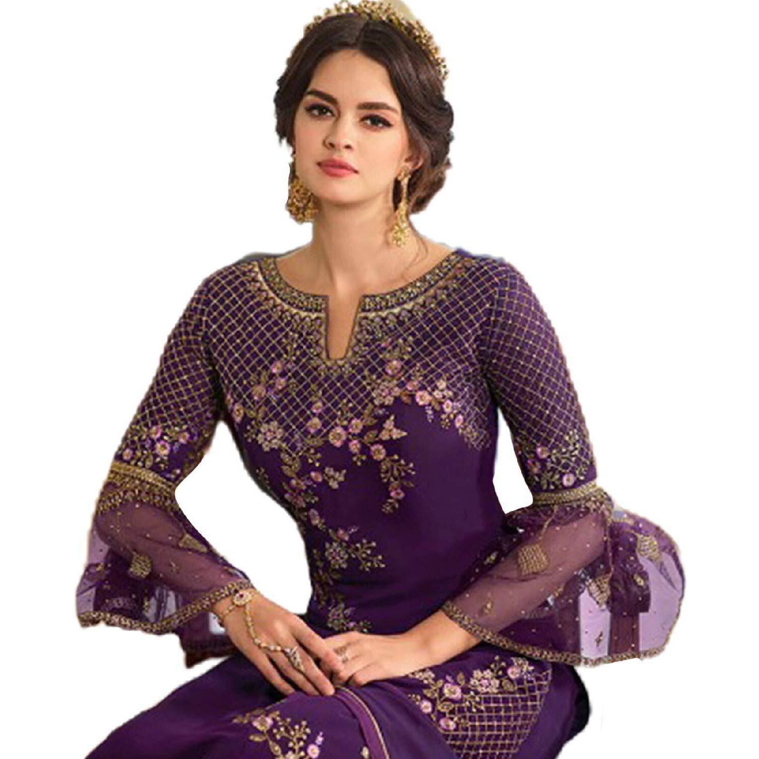 Miss Ethnik Women's Pakistani Suit Off-White Faux Georgette Semi Stitched Top With Unstitched Santoon Bottom And Net Dupatta Embroidered Straight Kurta Pant With Dupatta Set (Me-P-1038) (Purple)