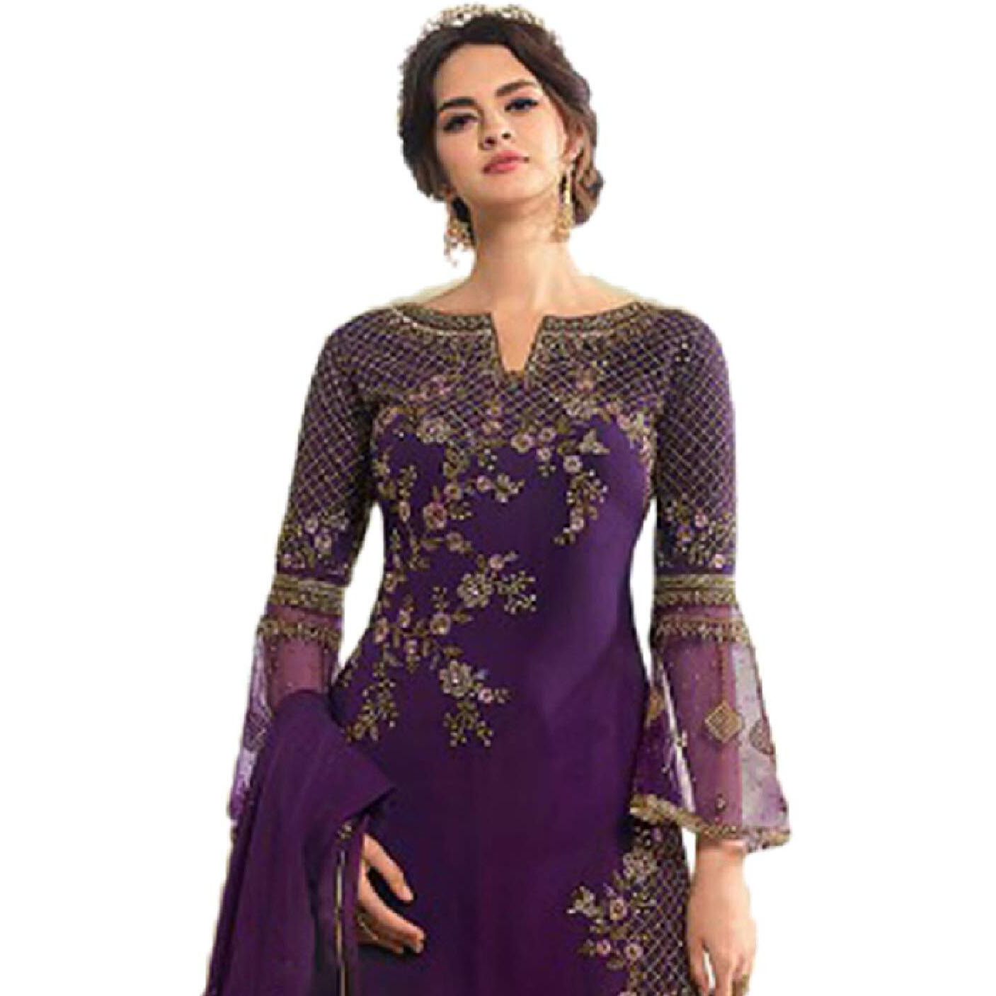 Miss Ethnik Women's Pakistani Suit Off-White Faux Georgette Semi Stitched Top With Unstitched Santoon Bottom And Net Dupatta Embroidered Straight Kurta Pant With Dupatta Set (Me-P-1038) (Purple)