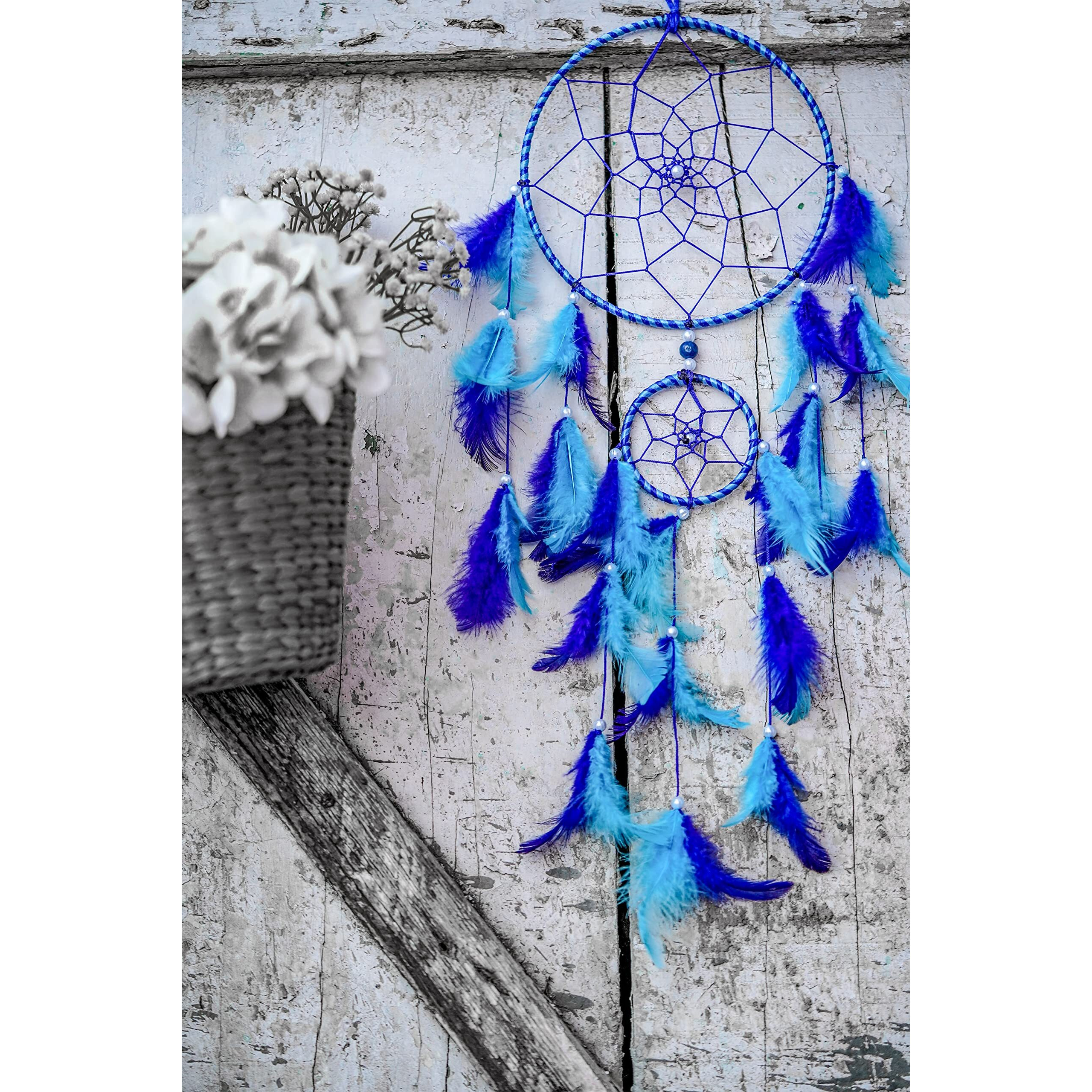 Ilu Dream Catchers Wall Hangings, Home Dcor, Handmade Dreamcatcher For Bedroom, Balcony, Garden, Party, Caf, Small Ring Beaded Blue & Light Blue Feathers 17Cm Diameter Length 60Cm