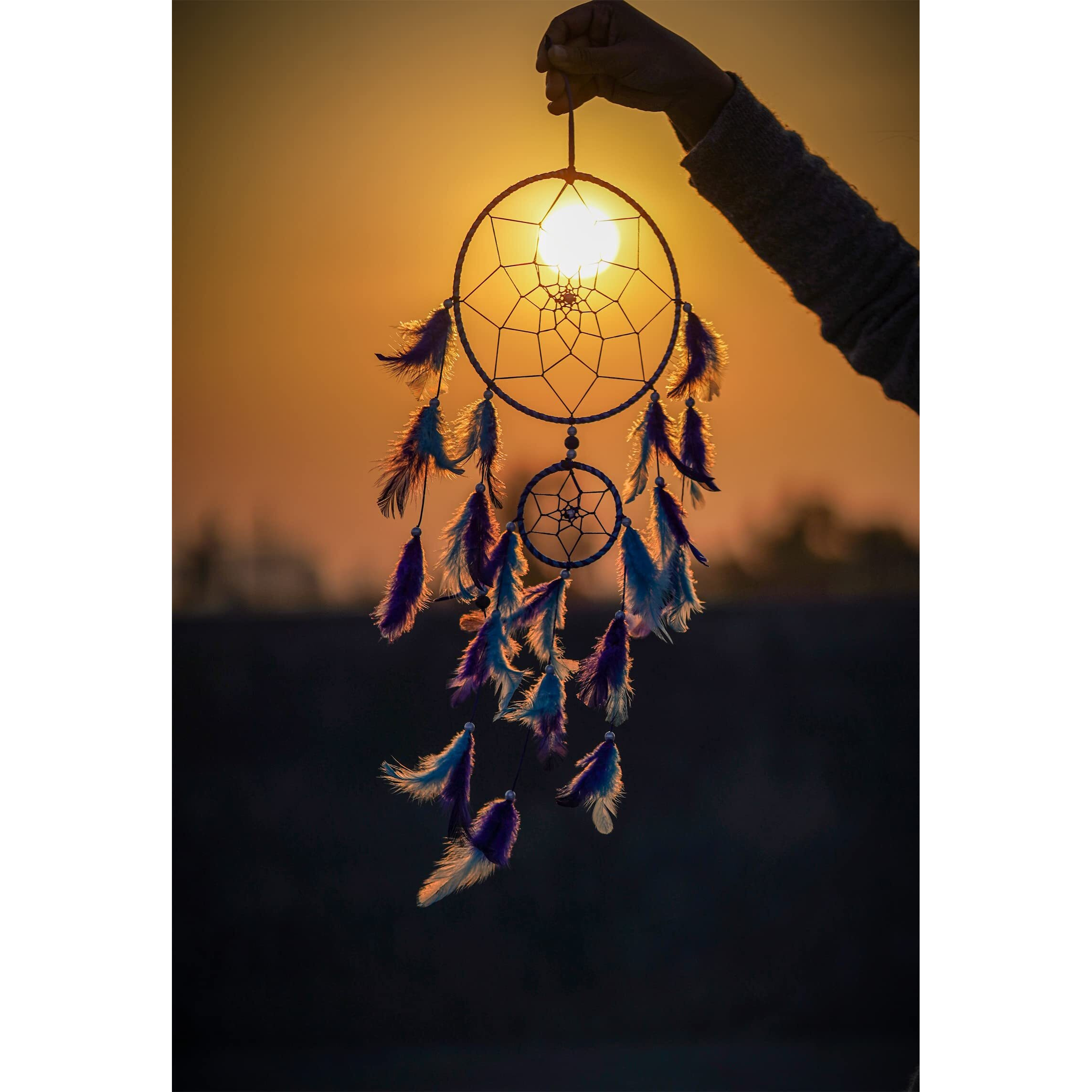 Ilu Dream Catchers Wall Hangings, Home Dcor, Handmade Dreamcatcher For Bedroom, Balcony, Garden, Party, Caf, Small Ring Beaded Blue & Light Blue Feathers 17Cm Diameter Length 60Cm