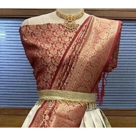 Zerico Women's Indian Traditional Kanjivaram Kanchipuram Silk Pure Zari Weaving Lehenga Choli And Havay Zari Work Dupatta With Blouse (All Unstitched) (Half Saree) (White-Marron)