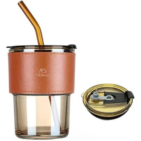 Mellora Leather Grip Coffee Tumbler With Glass Straw | Sipper With Lid Anti - Leak Proof For Hot & Cold Beverages | Transparent Travel Cup | Perfect For Office, & On-The-Go Use | Brown - 400Ml