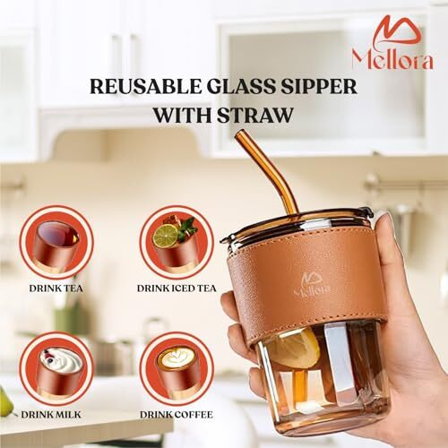 Mellora Leather Grip Coffee Tumbler With Glass Straw | Sipper With Lid Anti - Leak Proof For Hot & Cold Beverages | Transparent Travel Cup | Perfect For Office, & On-The-Go Use | Brown - 400Ml