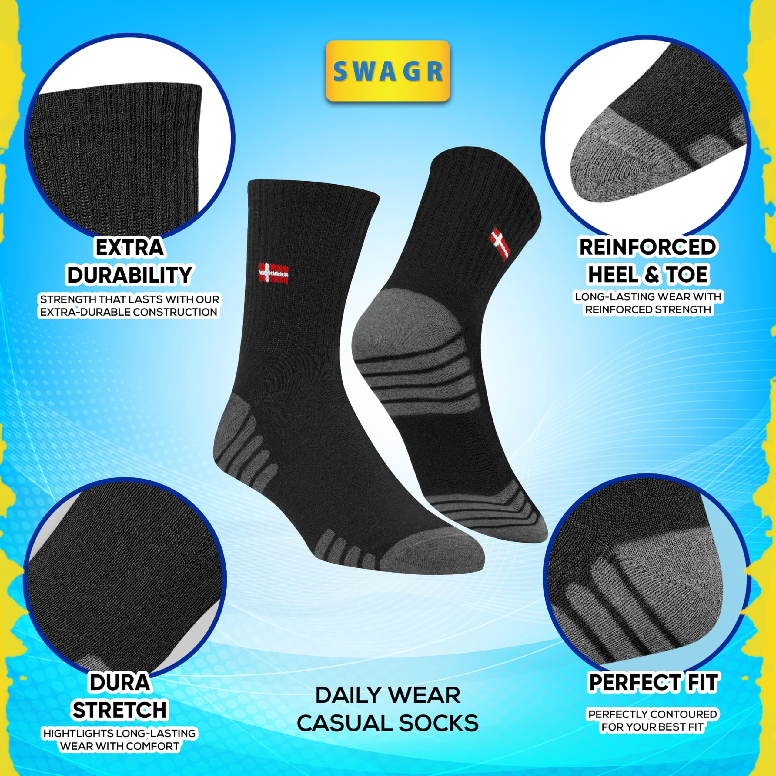 Swagr Sports Crew Socks For Men Premimum Cotton Calf Length Athletic Socks, Black, Pack Of 3, Free Size