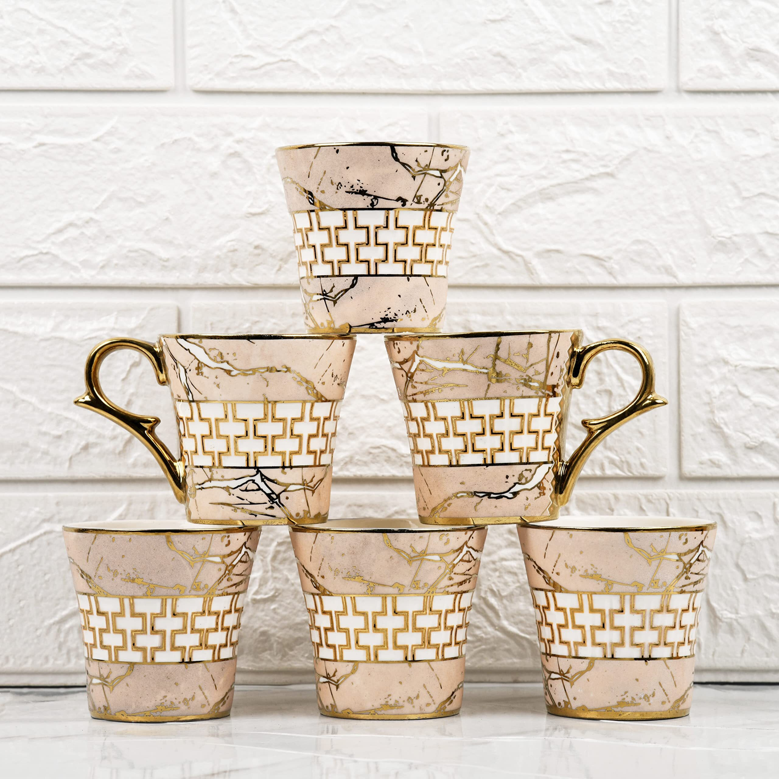 Femora Indian Ceramic Pink Gold Line Tea Cup - 6 Pcs, 155 Ml (Not Microwave Safe)
